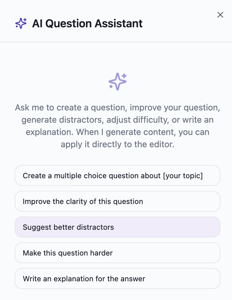 The PraxiBuilder AI Question Assistant panel with a Suggest better distractors prompt