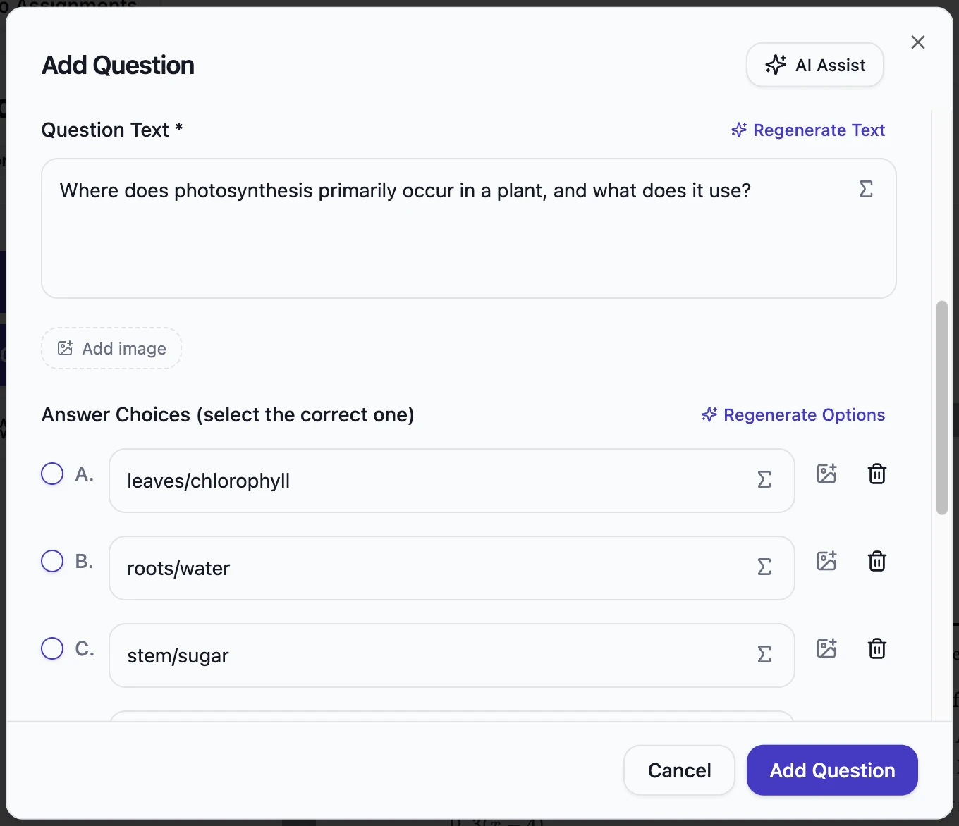 The stronger version of the photosynthesis question built in the PraxiBuilder question editor