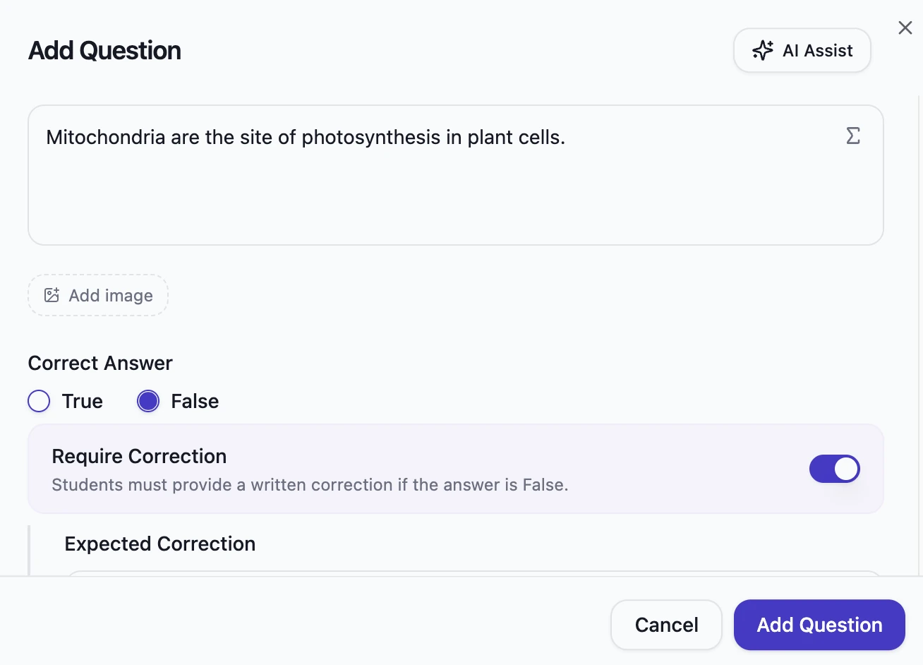 The Require Correction toggle and Expected Correction field in the PraxiBuilder question editor